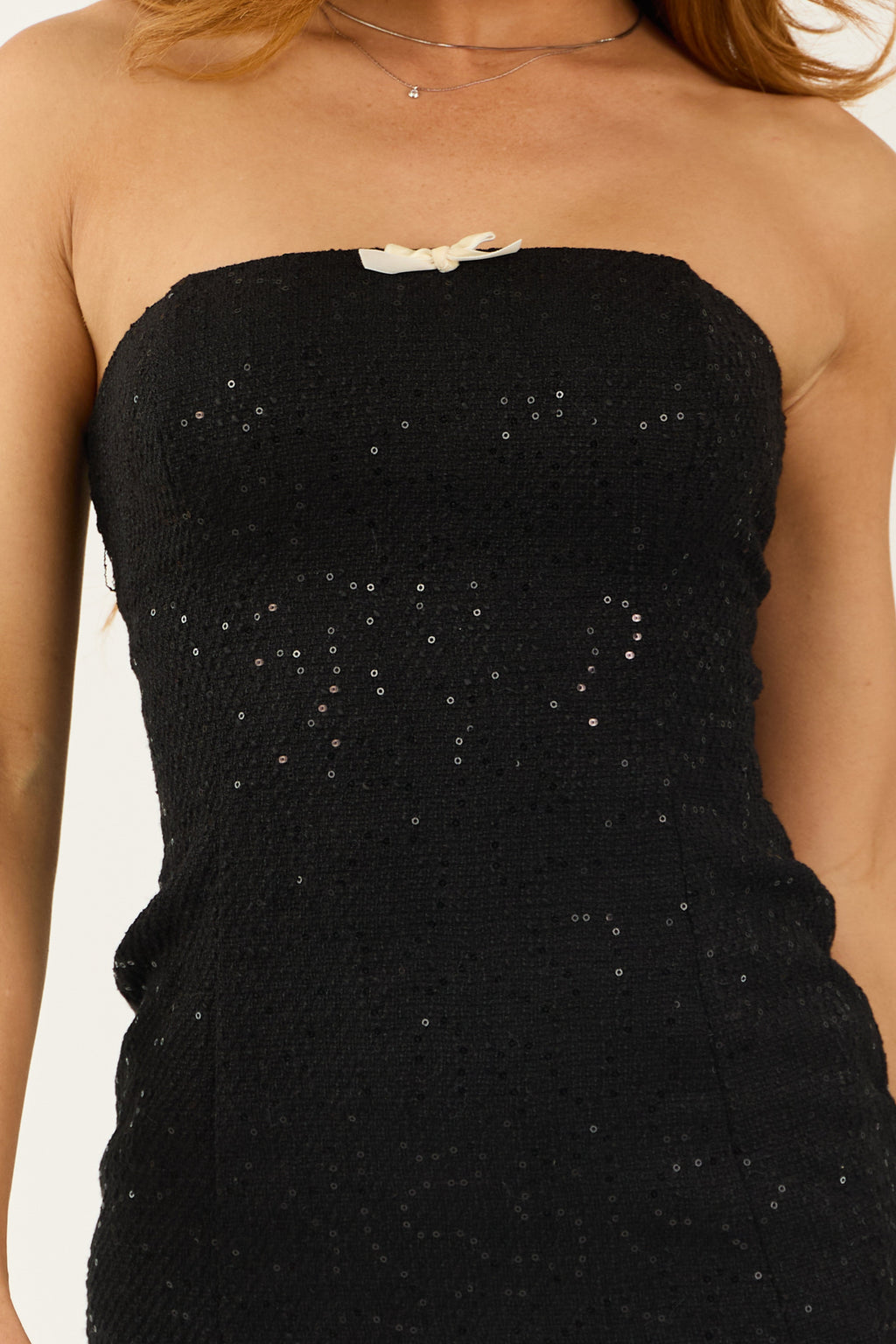 Black Sequin Tweed Bow Strapless Mini Dress
